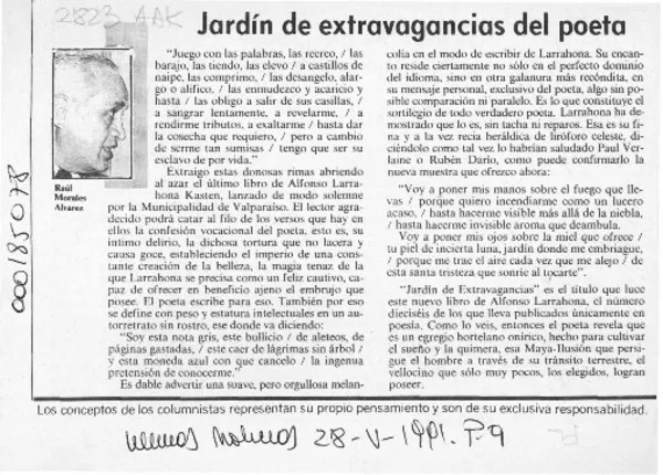 Jardín de extravagancias del poeta  [artículo] Raúl Morales Alvarez.