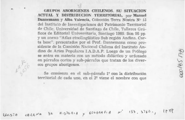 Grupos aborígenes chilenos, su situación actual y distribución territorial  [artículo] J. Rafael Reyes R.