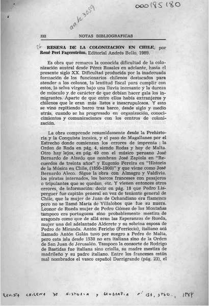 Reseña de la colonización en Chile  [artículo] J. Rafael Reyes R.