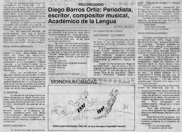 Diego Barros Ortiz, periodista, escritor, compositor musical, Académico de la Lengua  [artículo] Héctor González V.