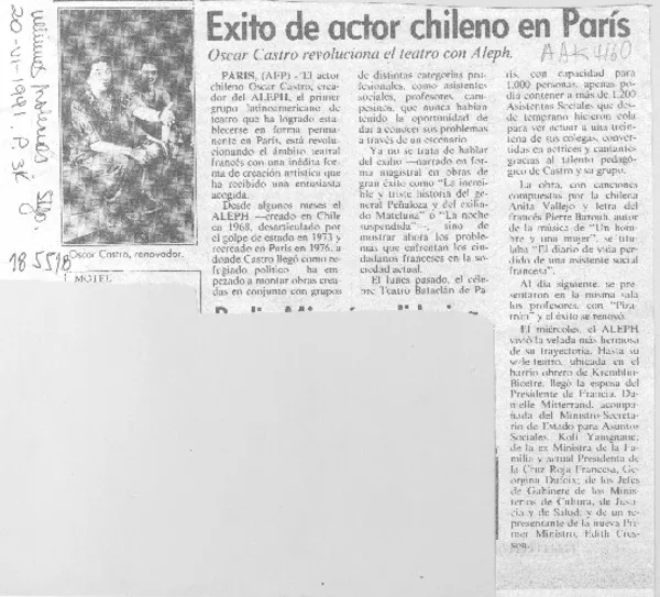 Exito de actor chileno en París  [artículo].