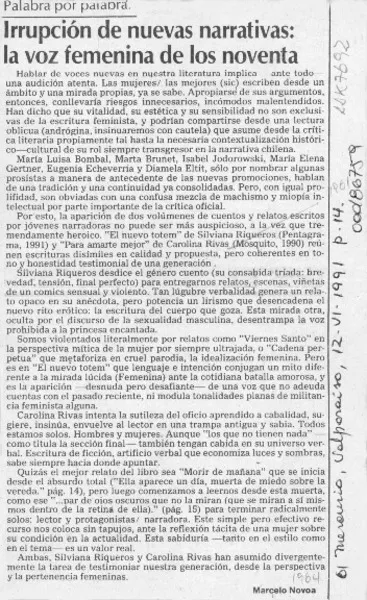 Irrupción de nuevas narrativas, la voz femenina de los noventa  [artículo] Marcelo Novoa.