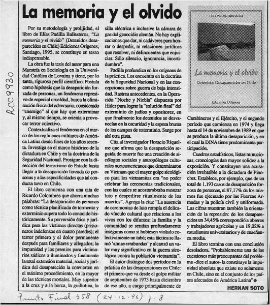 La memoria y el olvido  [artículo] Hernán Soto.