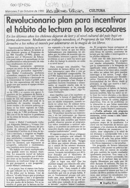 Revolucionario plan para incentivar el hábito de lectura en los escolares  [artículo] Angélica Rivera.