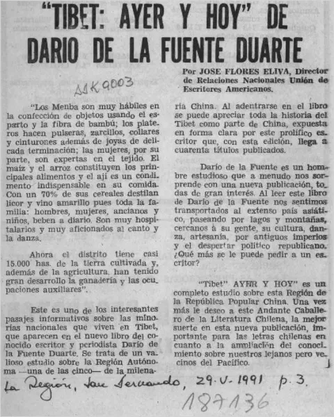 "Tibet, ayer y hoy" de Darío de la Fuente Duarte  [artículo] José Flores Leiva.