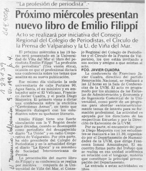 Próximo miércoles presentan nuevo libro de Emilio Filippi  [artículo].