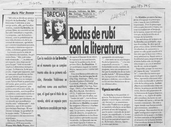 Bodas de rubí con la literatura  [artículo] María Pilar Donoso.