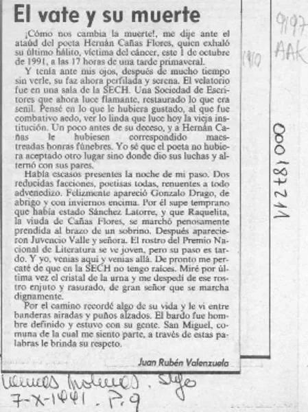 El vate y su muerte  [artículo] Juan Rubén Valenzuela.