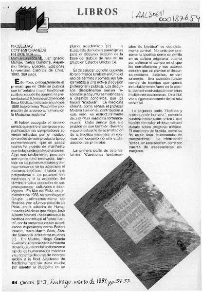 Problemas contemporáneos en bioeética  [artículo] Fernando Lolas Stepke.