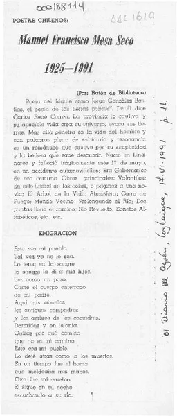 Manuel Francisco Mesa Seco 1925-1991  [artículo] Ratón de Biblioteca.