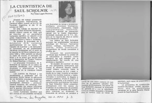 La cuentística de Saúl Schkolnik  [artículo] Irma Lagos Herrera.