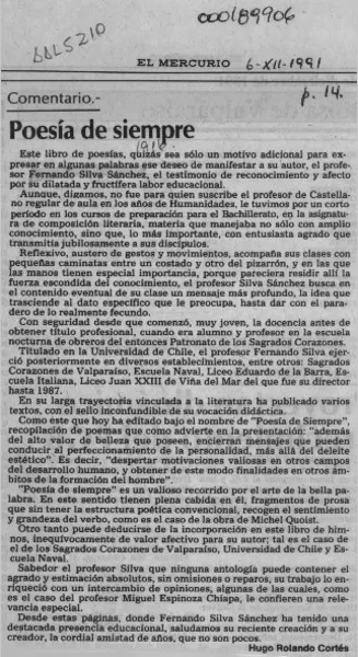 Poesía de siempre  [artículo] Hugo Rolando Cortés.