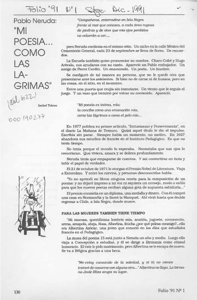 "Mi poesía -- como las lágrimas"  [artículo] Isabel Tolosa.