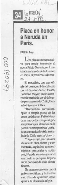 Placa en honor a Neruda en París  [artículo].