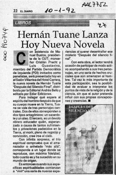 Hernán Tuane lanza hoy nueva novela  [artículo]