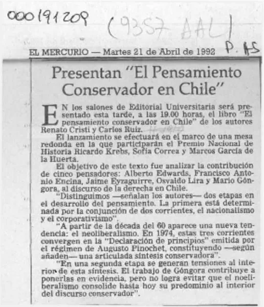 Presentan "El Pensamiento Conservador en Chile"  [artículo].