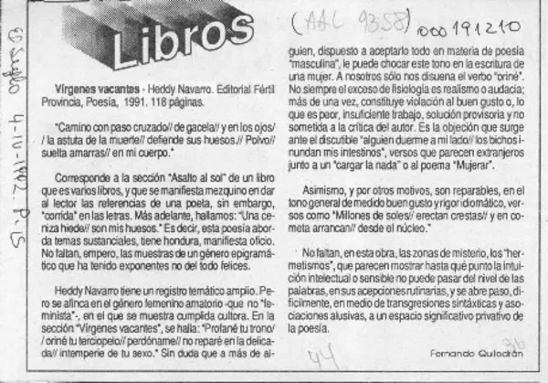 Vírgenes vacantes  [artículo] Fernando Quilodrán.