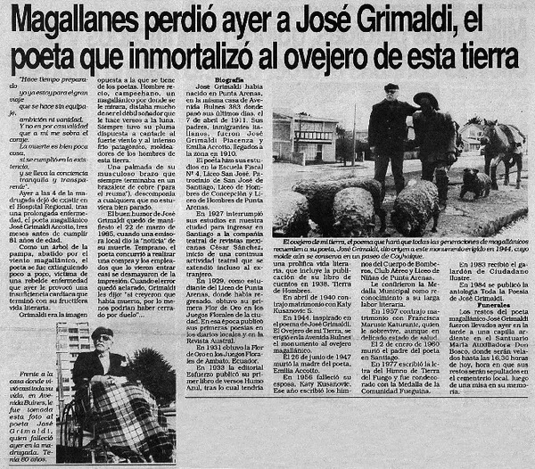 Magallanes perdió ayer a José Grimaldi, el poeta que inmortalizó al ovejero de esta tierra  [artículo].