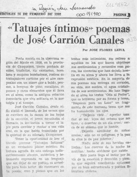 "Tatuajes íntimos" poemas de José Carrión Canales  [artículo] José Flores Leibva.