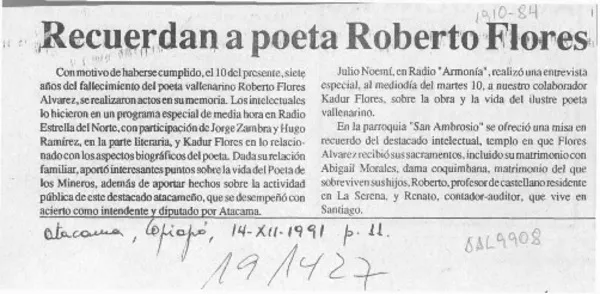 Recuerdan a poeta Roberto Flores  [artículo].