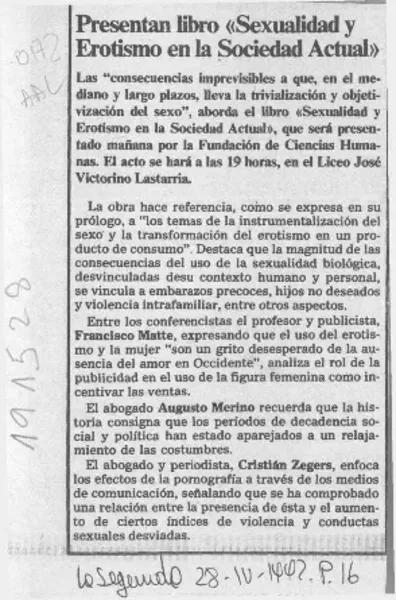 Presentan libro "Sexualidad y erotismo en la sociedad actual"  [artículo].