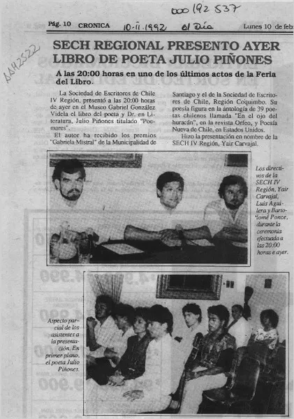 Sech regional presentó ayer libro de poeta Julio Piñones  [artículo].