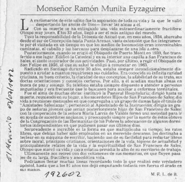 Monseñor Ramón Munita Eyzaguirre  [artículo] M. E. L. de B.