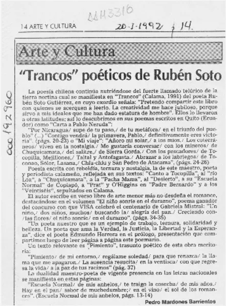 "Trancos" poéticos de Rubén Soto  [artículo] Pedro Mardones Barrientos.