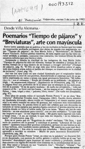 Poemarios "Tiempo de pájaros" y "Breviaturas", arte con mayúscula  [artículo] Pedro Mardones Barrientos.