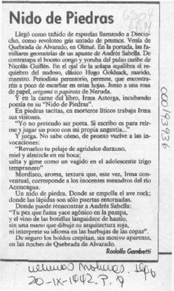 Nido de piedras  [artículo] Rodolfo Gambetti.