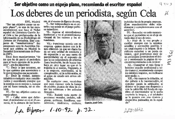 Los Deberes de un periodista, según Cela  [artículo].