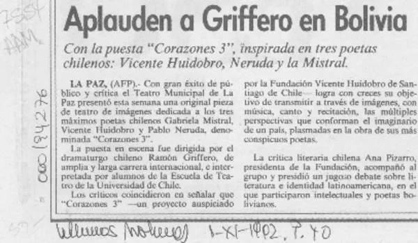 Aplauden a Griffero en Boliva  [artículo].