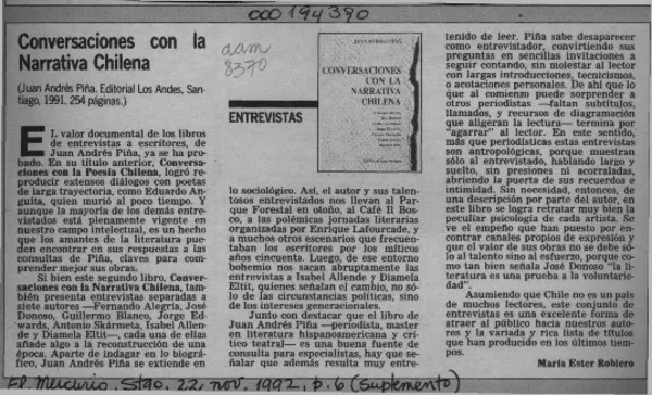 Conversaciones con la narrativa chilena  [artículo] María Ester Roblero.