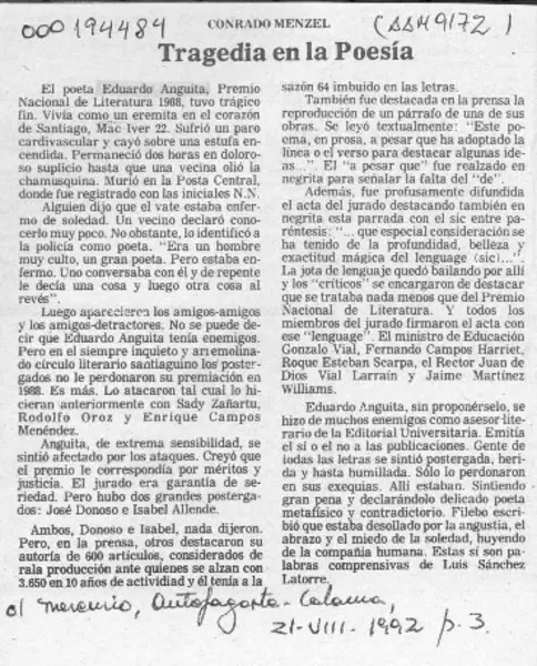 Tragedia en la poesía  [artículo] Conrado Menzel.