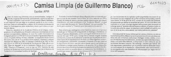 Camisa limpia (de Guillermo Blanco)  [artículo] Apir.