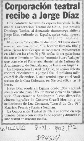 Corporación teatral recibe a Jorge Díaz.  [artículo]
