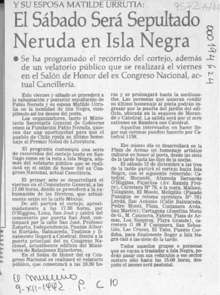 El Sábado será sepultado Neruda en Isla Negra  [artículo].