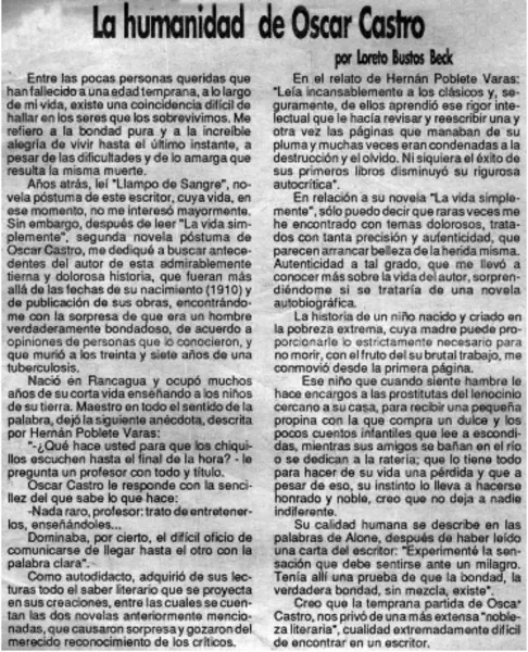 La humanidad de Oscar Castro  [artículo] Loreto Bustos Beck.