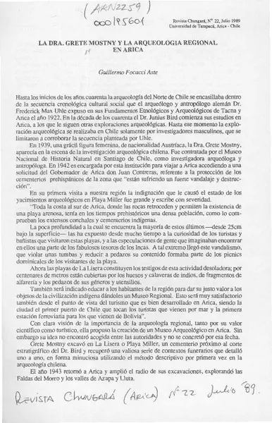 La Dra. Grete Mostny y la arqueología regional en Arica  [artículo] Guillermo Focacci Aste.