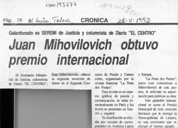 Juan Mihovilovich obtuvo premio internacional  [artículo].