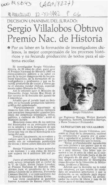Sergio Villalobos obtuvo Premio Nac. de Historia  [artículo].