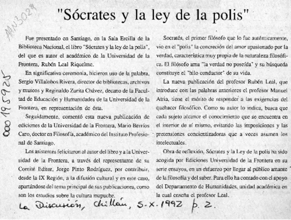 "Sócrates y la ley de la polis"  [artículo].