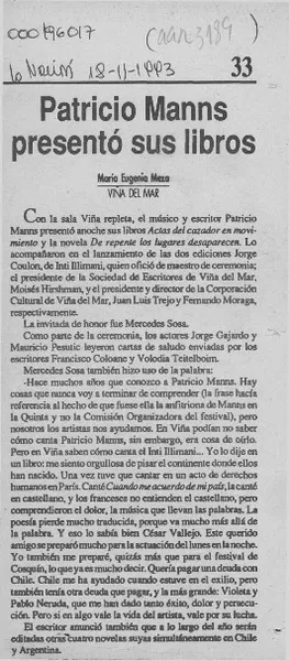 Patricio Manns presentó sus libros  [artículo] María Eugenia Meza.