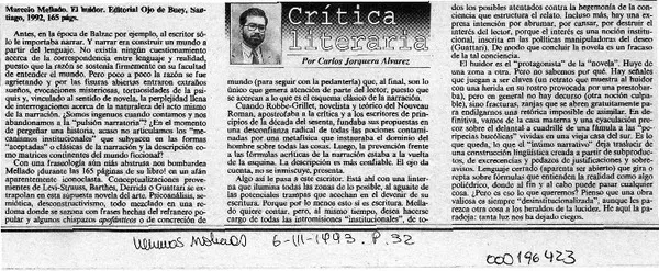 Marcelo Mellado, "El huidor"  [artículo] Carlos Jorquera Alvarez.