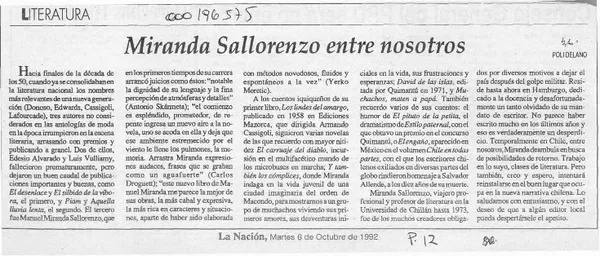 Miranda Sallorenzo entre nosotros  [artículo] Poli Délano.