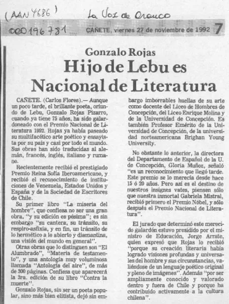 Hijo de Lebu es Nacional de Literatura  [artículo] Carlos Flores.
