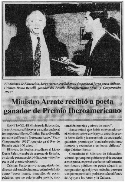 Ministro Arrate recibió a poeta ganador de Premio Iberoamericano  [artículo].