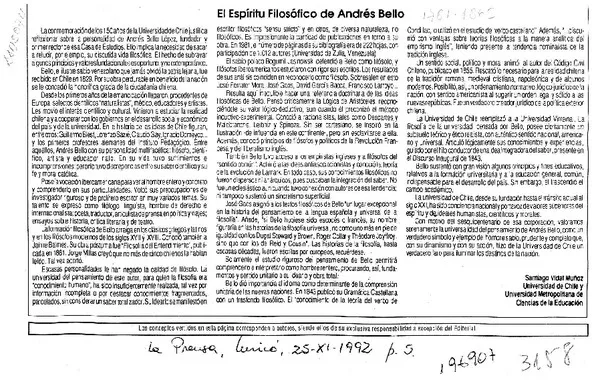 El espíritu filosófico de Andrés Bello  [artículo] Santiago Vidal Muñoz.