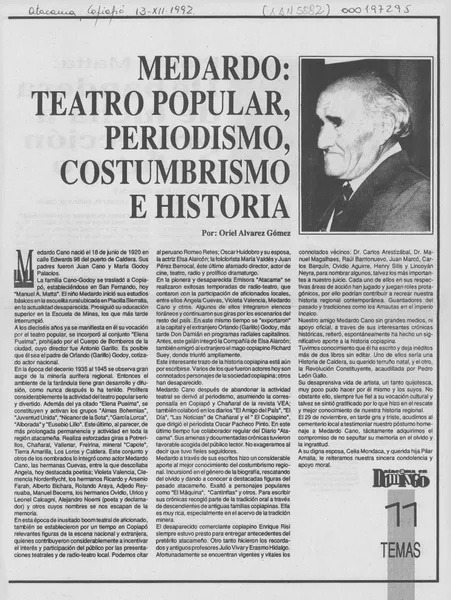 Medardo, teatro popular, periodismo, costumbrismo e historia  [artículo] Oriel Alvarez Gómez.