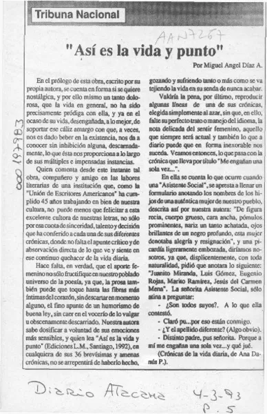 "Así es la vida y punto"  [artículo] Miguel Angel Díaz A.